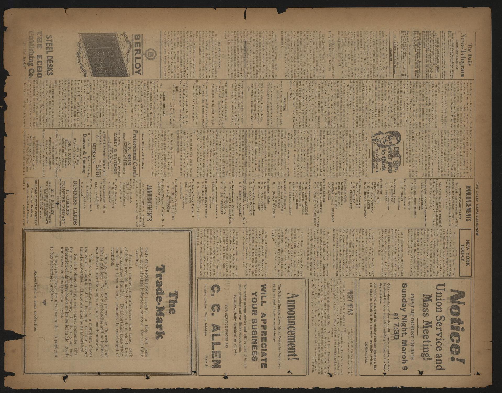 The Daily News-Telegram (Sulphur Springs, Tex.), Vol. 32, No. 54, Ed. 1 Tuesday, March 4, 1930
                                                
                                                    [Sequence #]: 2 of 6
                                                