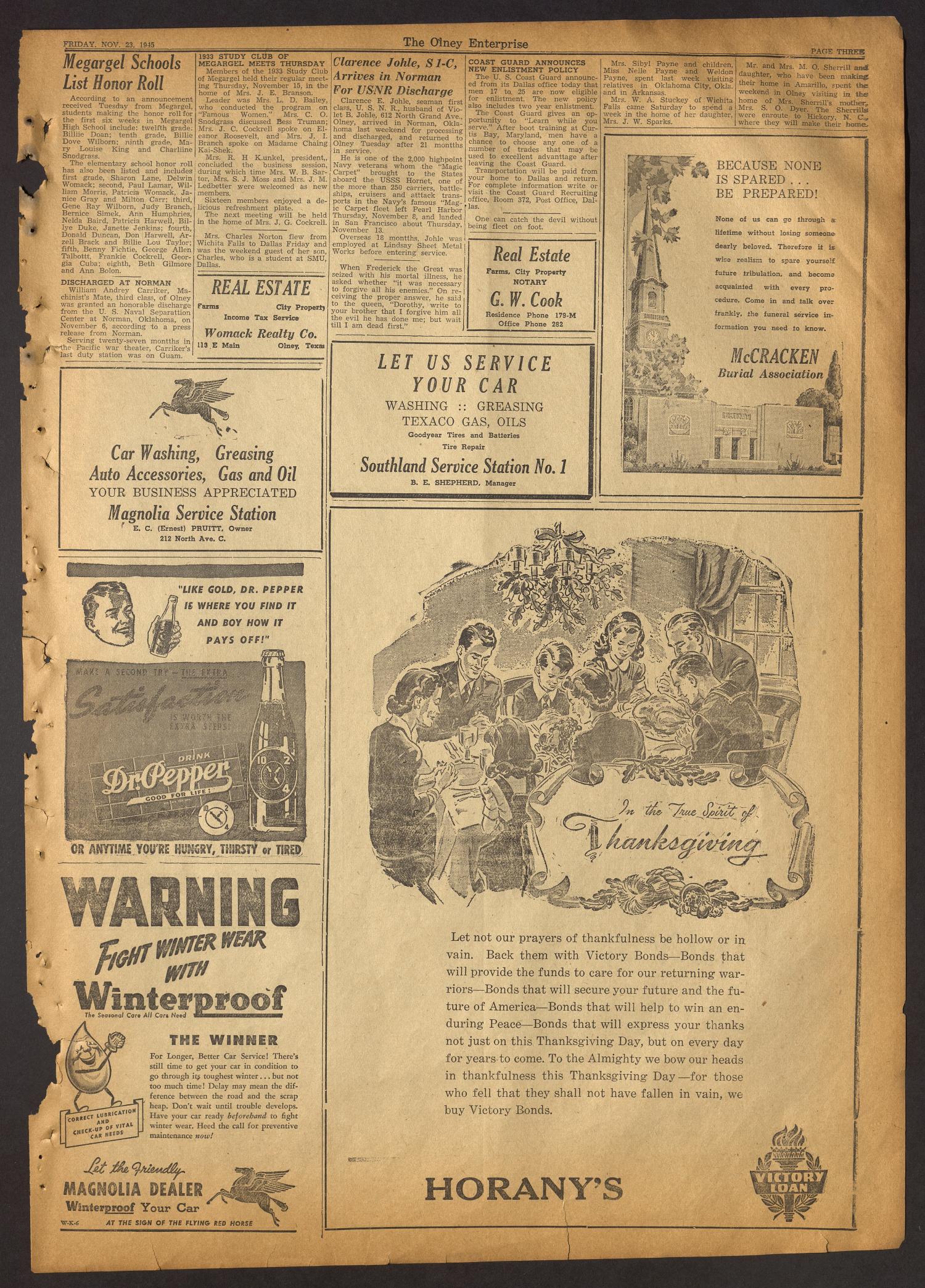 The Olney Enterprise (Olney, Tex.), Vol. 35, No. 41, Ed. 1 Friday, November 23, 1945
                                                
                                                    [Sequence #]: 3 of 8
                                                