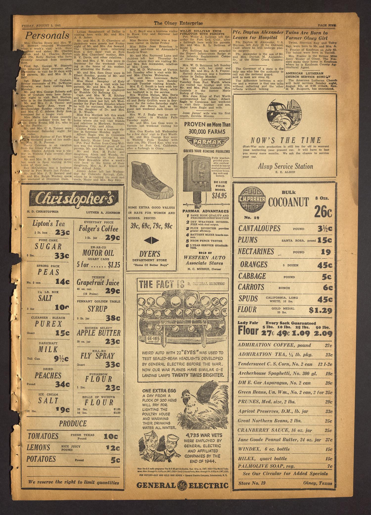 The Olney Enterprise (Olney, Tex.), Vol. 35, No. 25, Ed. 1 Friday, August 3, 1945
                                                
                                                    [Sequence #]: 5 of 8
                                                