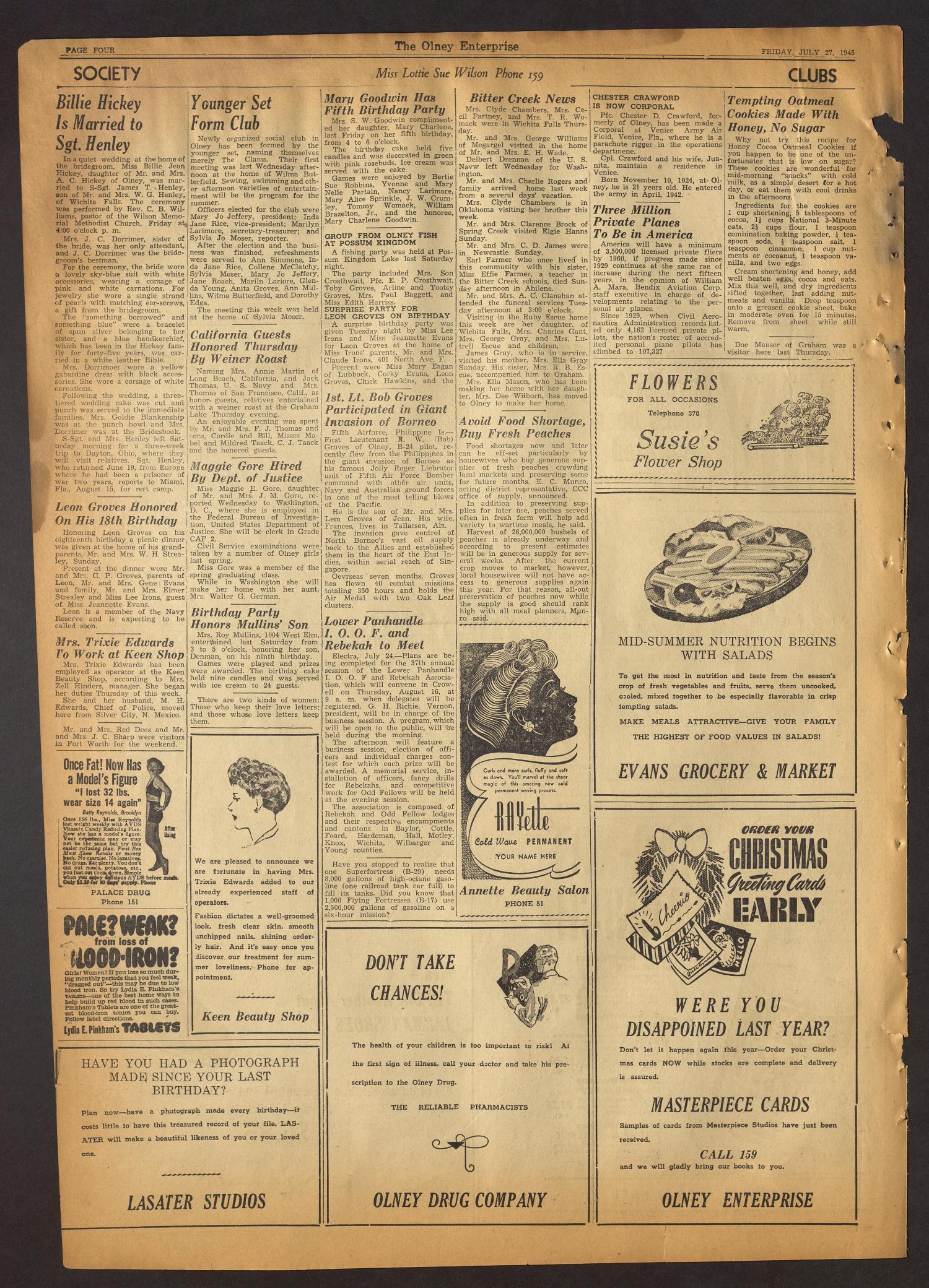 The Olney Enterprise (Olney, Tex.), Vol. 35, No. 24, Ed. 1 Friday, July 27, 1945
                                                
                                                    [Sequence #]: 4 of 8
                                                