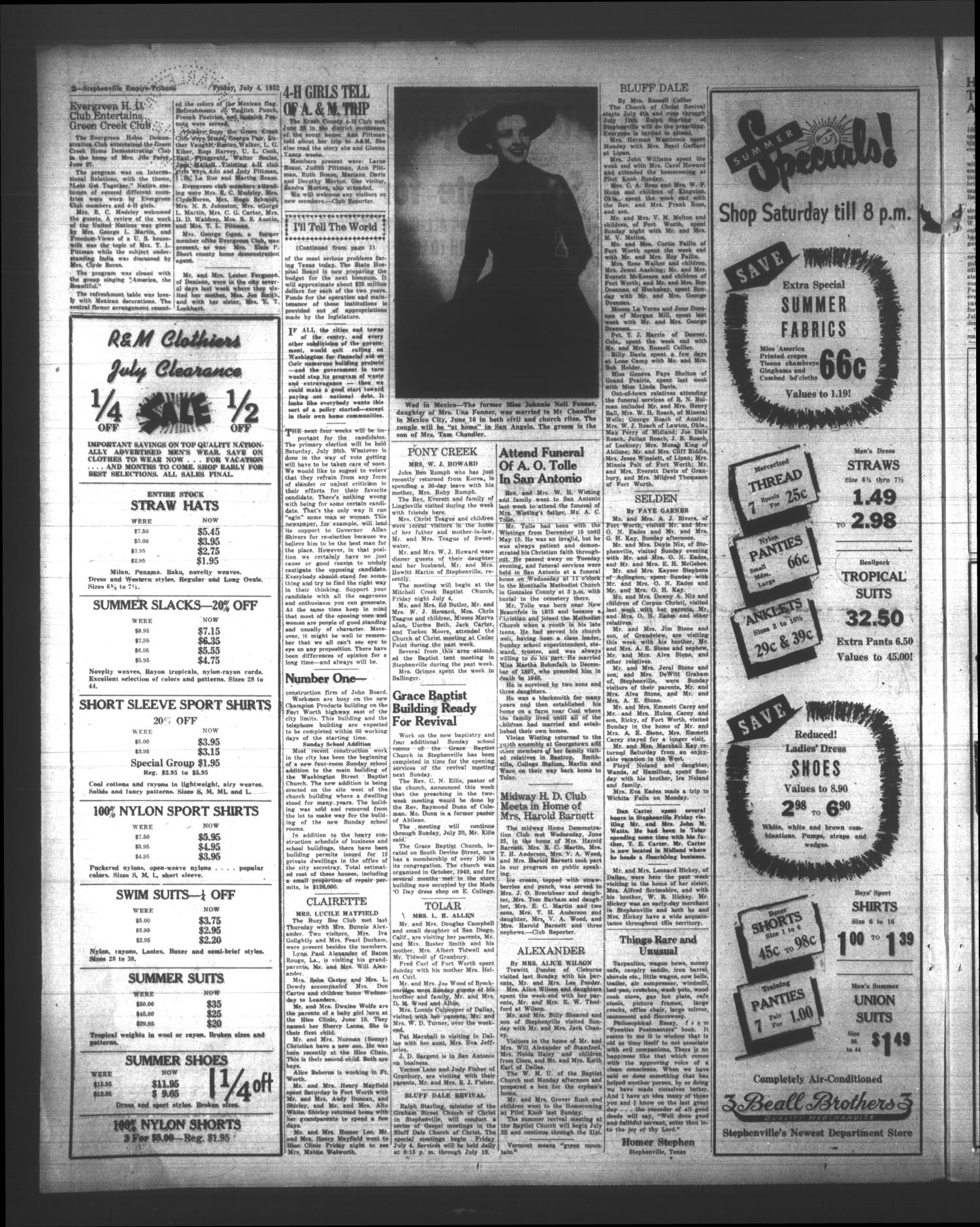 Stephenville Empire-Tribune (Stephenville, Tex.), Vol. 82, No. 26, Ed. 1 Friday, July 4, 1952
                                                
                                                    [Sequence #]: 2 of 12
                                                
