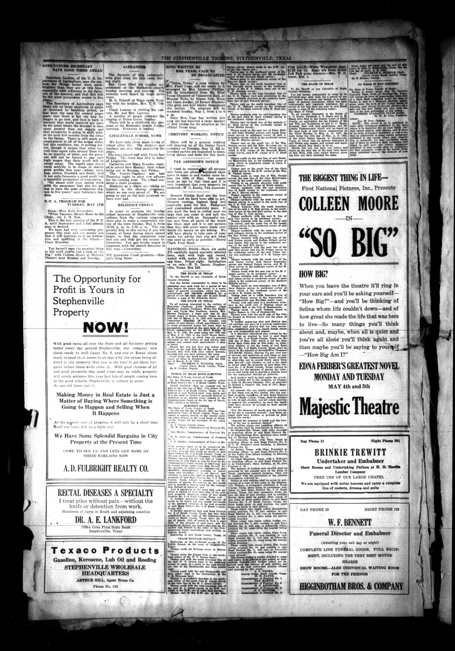 Stephenville Tribune (Stephenville, Tex.), Vol. 33, No. 19, Ed. 1 Friday, May 1, 1925
                                                
                                                    [Sequence #]: 4 of 10
                                                