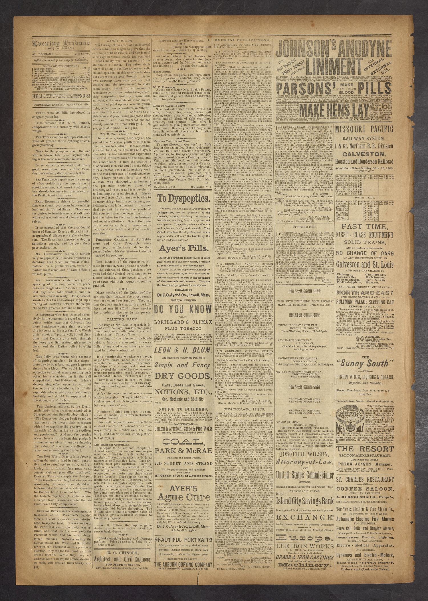 Evening Tribune. (Galveston, Tex.), Vol. 6, No. 104, Ed. 1 Wednesday, January 6, 1886
                                                
                                                    [Sequence #]: 2 of 4
                                                