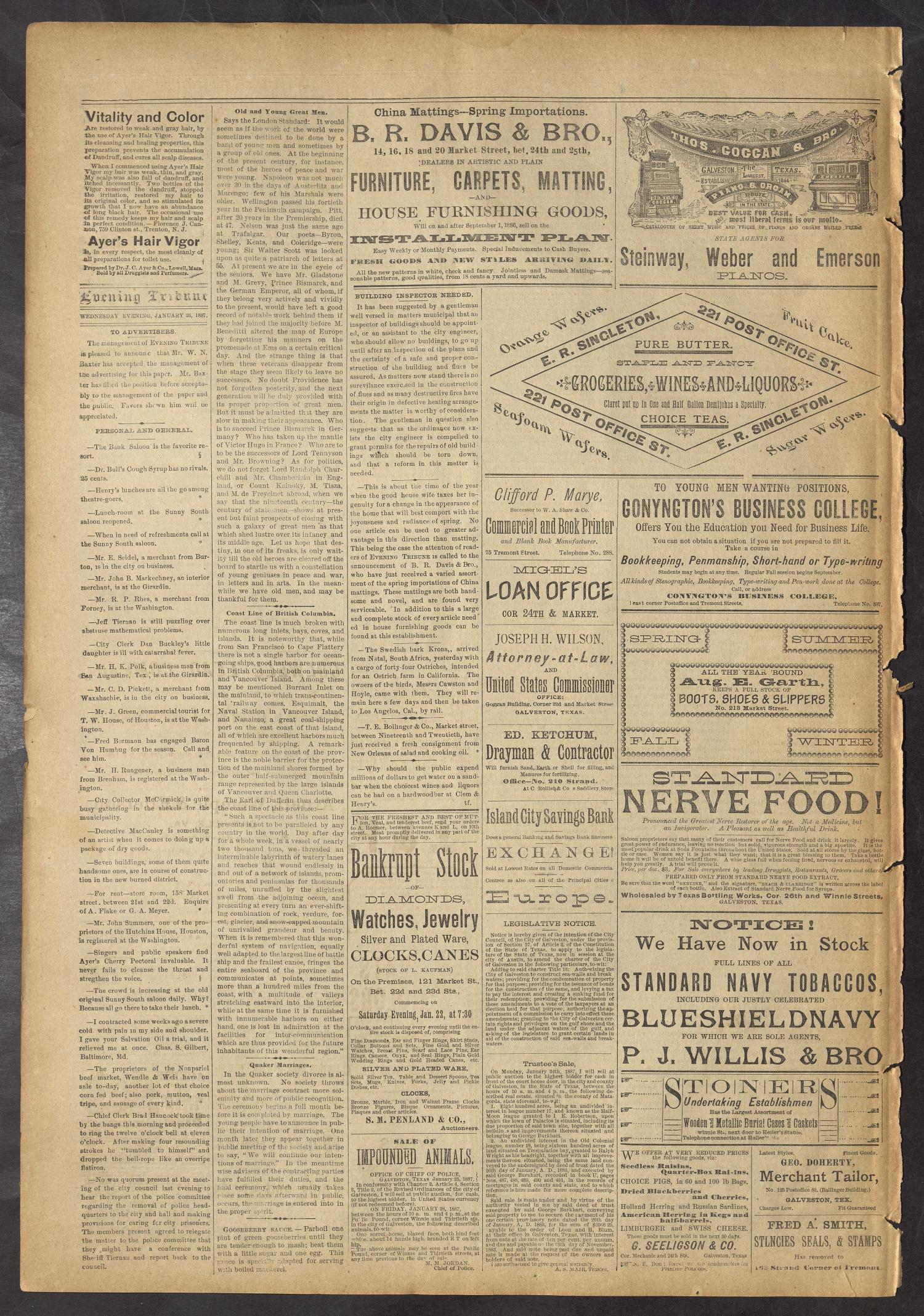 Evening Tribune. (Galveston, Tex.), Vol. 7, No. 125, Ed. 1 Wednesday, January 26, 1887
                                                
                                                    [Sequence #]: 4 of 4
                                                