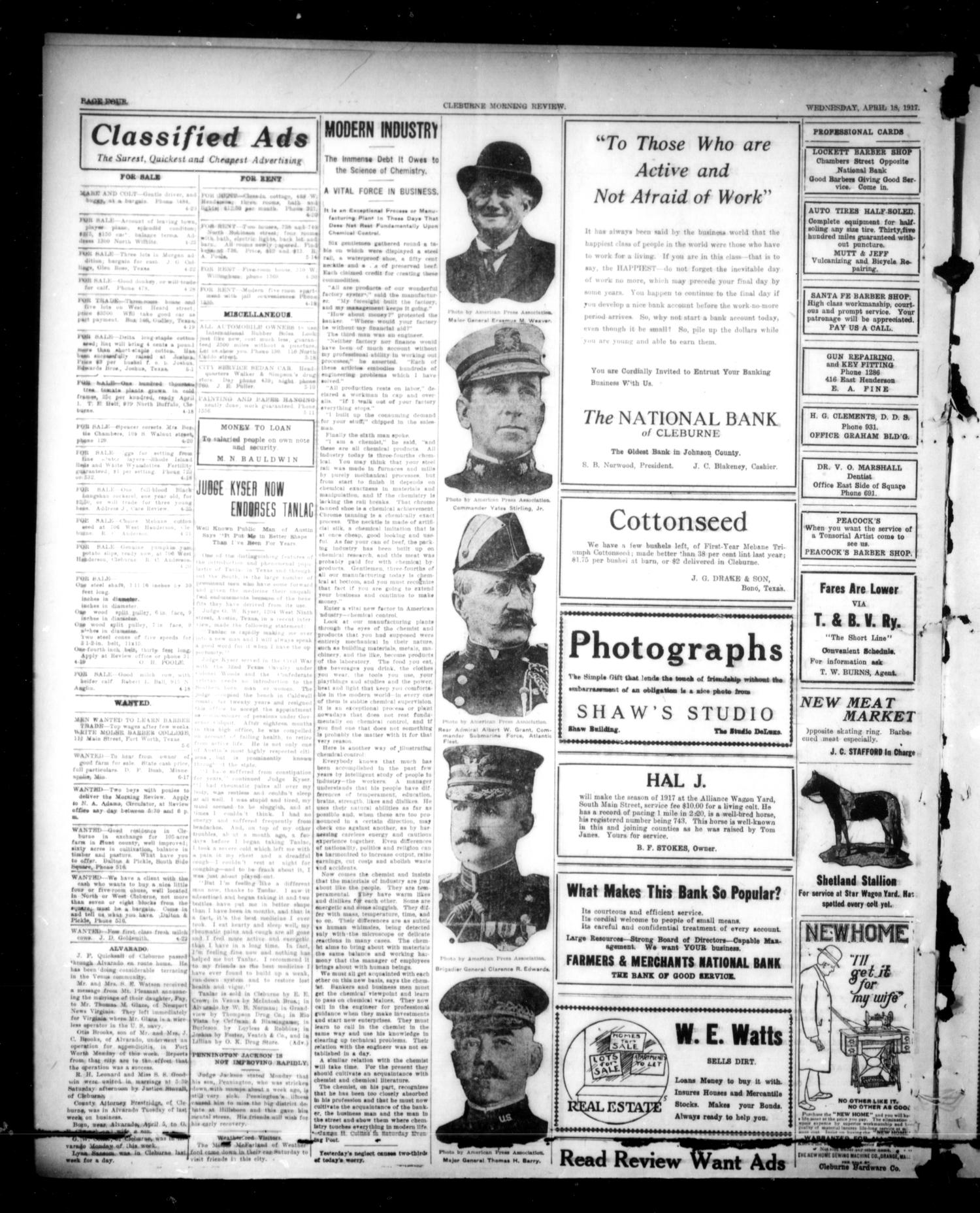 Cleburne Morning Review (Cleburne, Tex.), Ed. 1 Wednesday, April 18, 1917
                                                
                                                    [Sequence #]: 4 of 6
                                                