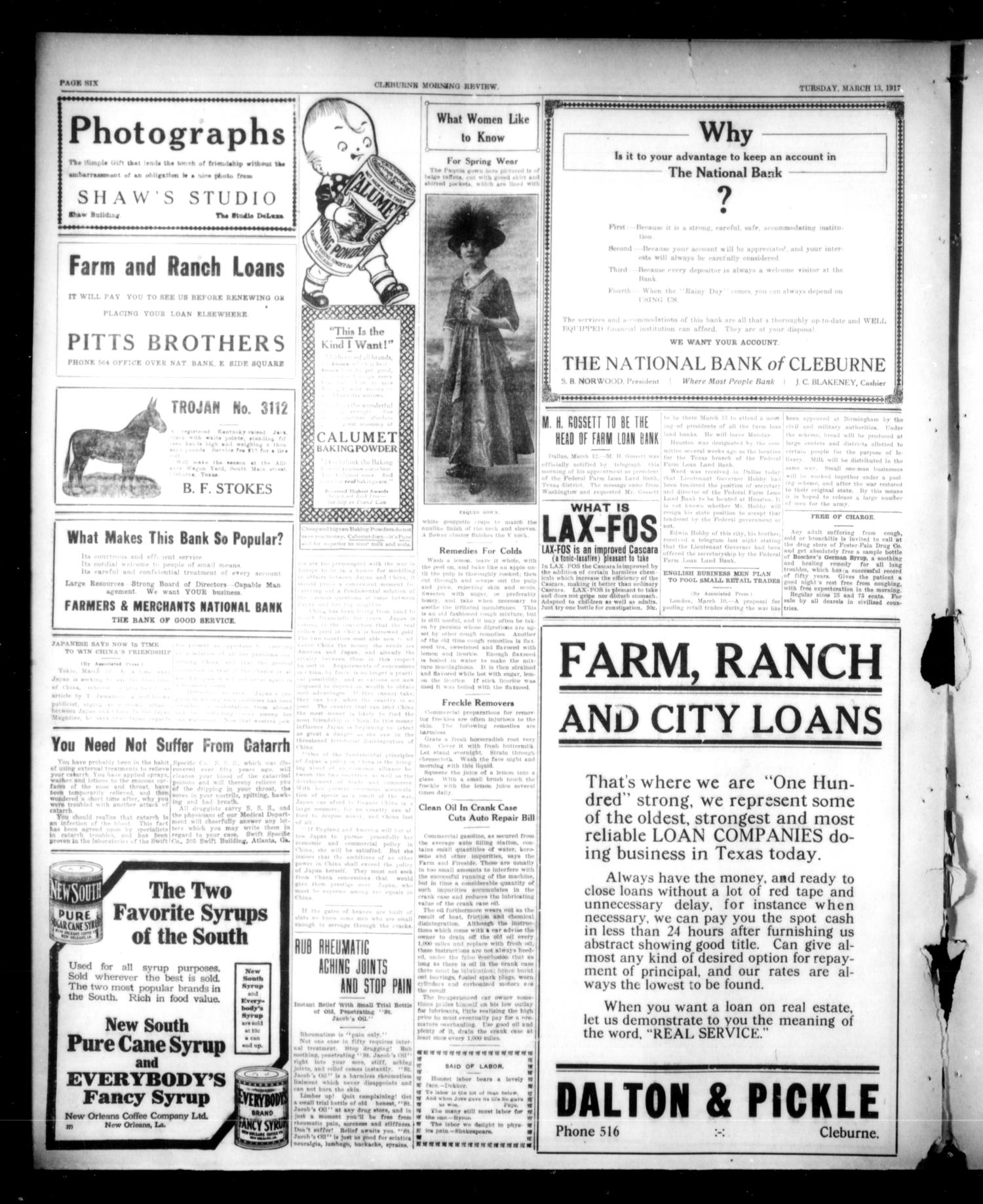 Cleburne Morning Review (Cleburne, Tex.), Ed. 1 Tuesday, March 13, 1917
                                                
                                                    [Sequence #]: 6 of 8
                                                
