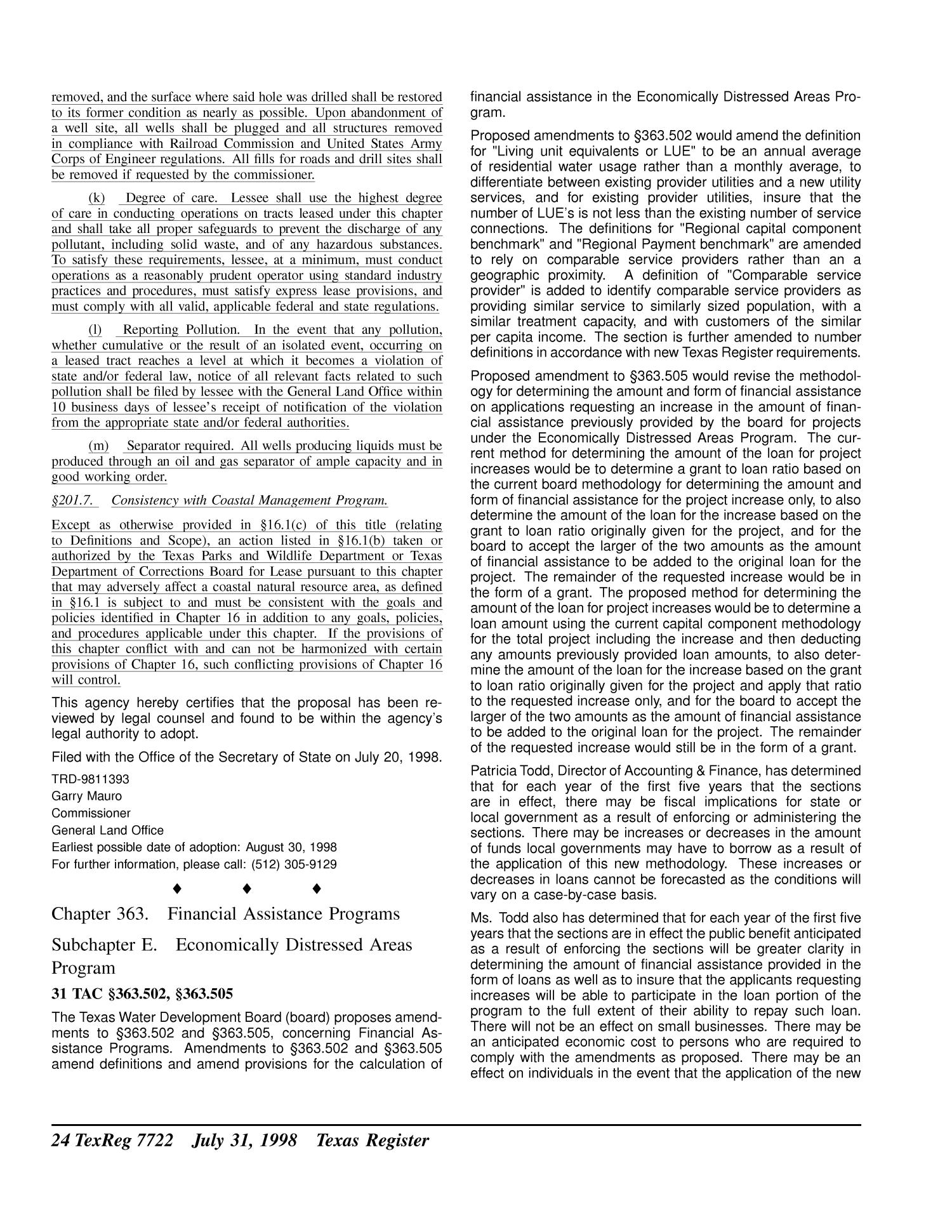 Texas Register, Volume 23, Number 31, Pages 7663-7938, July 31, 1998
                                                
                                                    7722
                                                