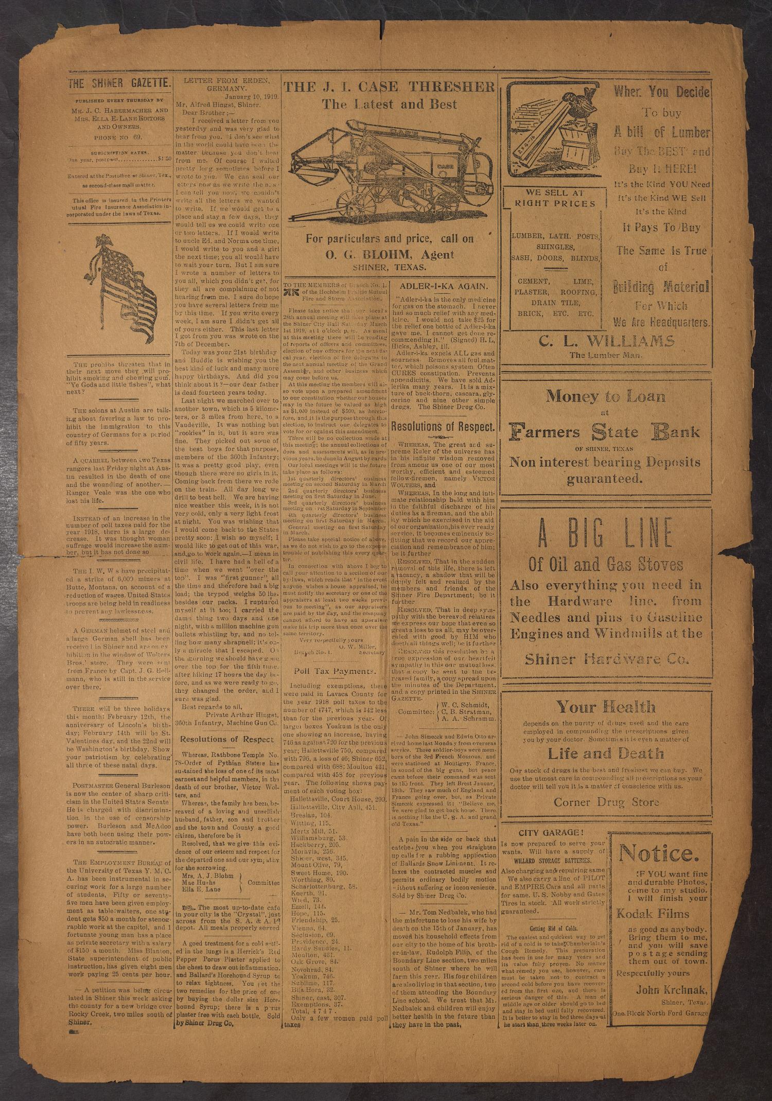 Shiner Gazette (Shiner, Tex.), Vol. 26, No. 20, Ed. 1 Thursday, February 13, 1919
                                                
                                                    [Sequence #]: 4 of 8
                                                