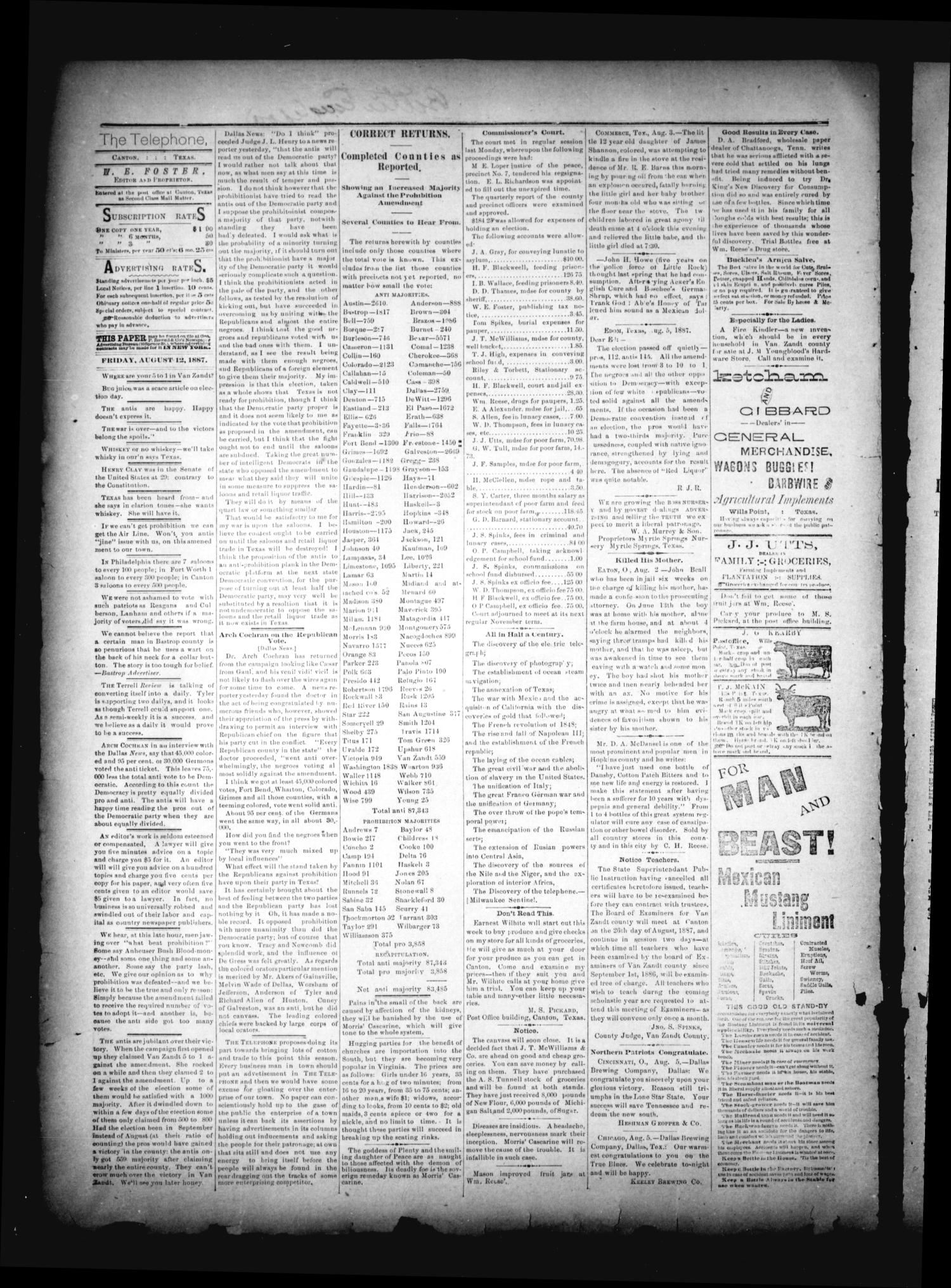 The Canton Telephone. (Canton, Tex.), Vol. 6, No. 7, Ed. 1 Friday, August 12, 1887
                                                
                                                    [Sequence #]: 2 of 4
                                                
