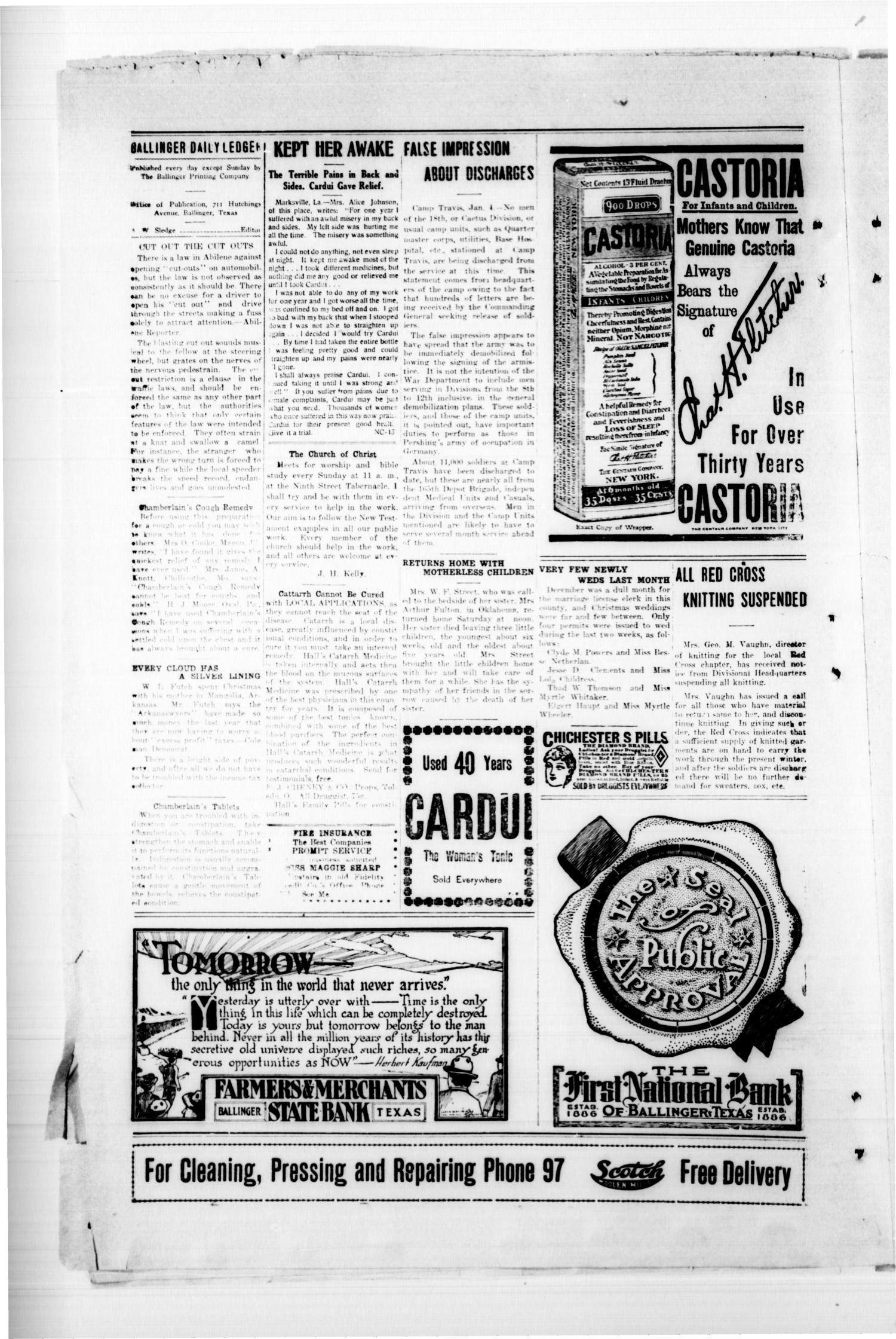 Ballinger Daily Ledger (Ballinger, Tex.), Vol. 13, Ed. 1 Saturday, January 4, 1919
                                                
                                                    [Sequence #]: 2 of 4
                                                