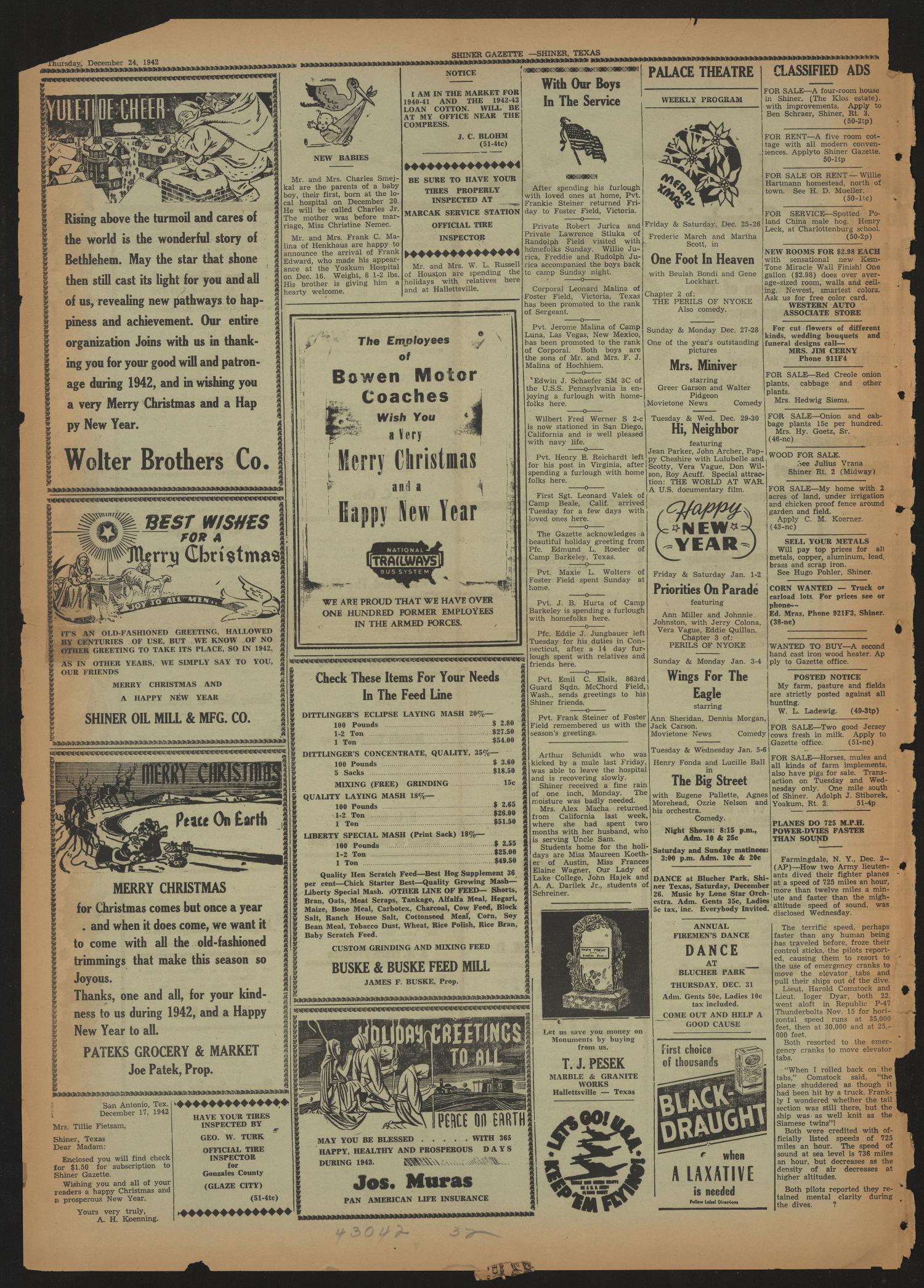 Shiner Gazette (Shiner, Tex.), Vol. 49, No. 51, Ed. 1 Thursday, December 24, 1942
                                                
                                                    [Sequence #]: 3 of 5
                                                