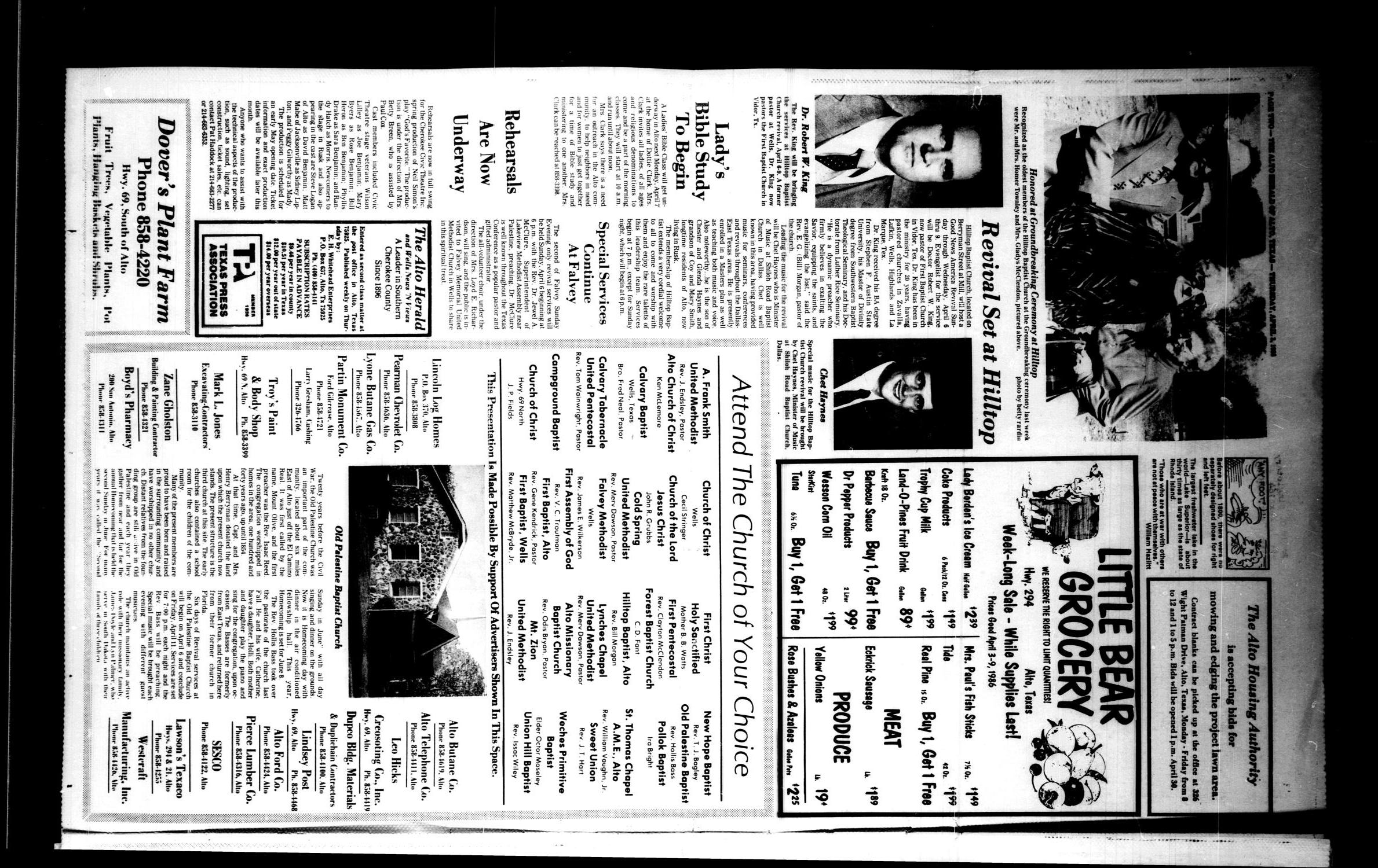 The Alto Herald and The Wells News 'N Views (Alto, Tex.), Vol. 90, No. 47, Ed. 1 Thursday, April 3, 1986
                                                
                                                    [Sequence #]: 2 of 10
                                                