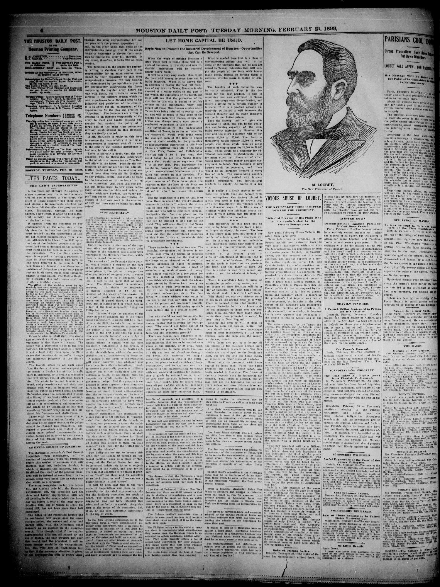 The Houston Daily Post (Houston, Tex.), Vol. 14, No. 325, Ed. 1, Tuesday, February 21, 1899
                                                
                                                    [Sequence #]: 4 of 10
                                                