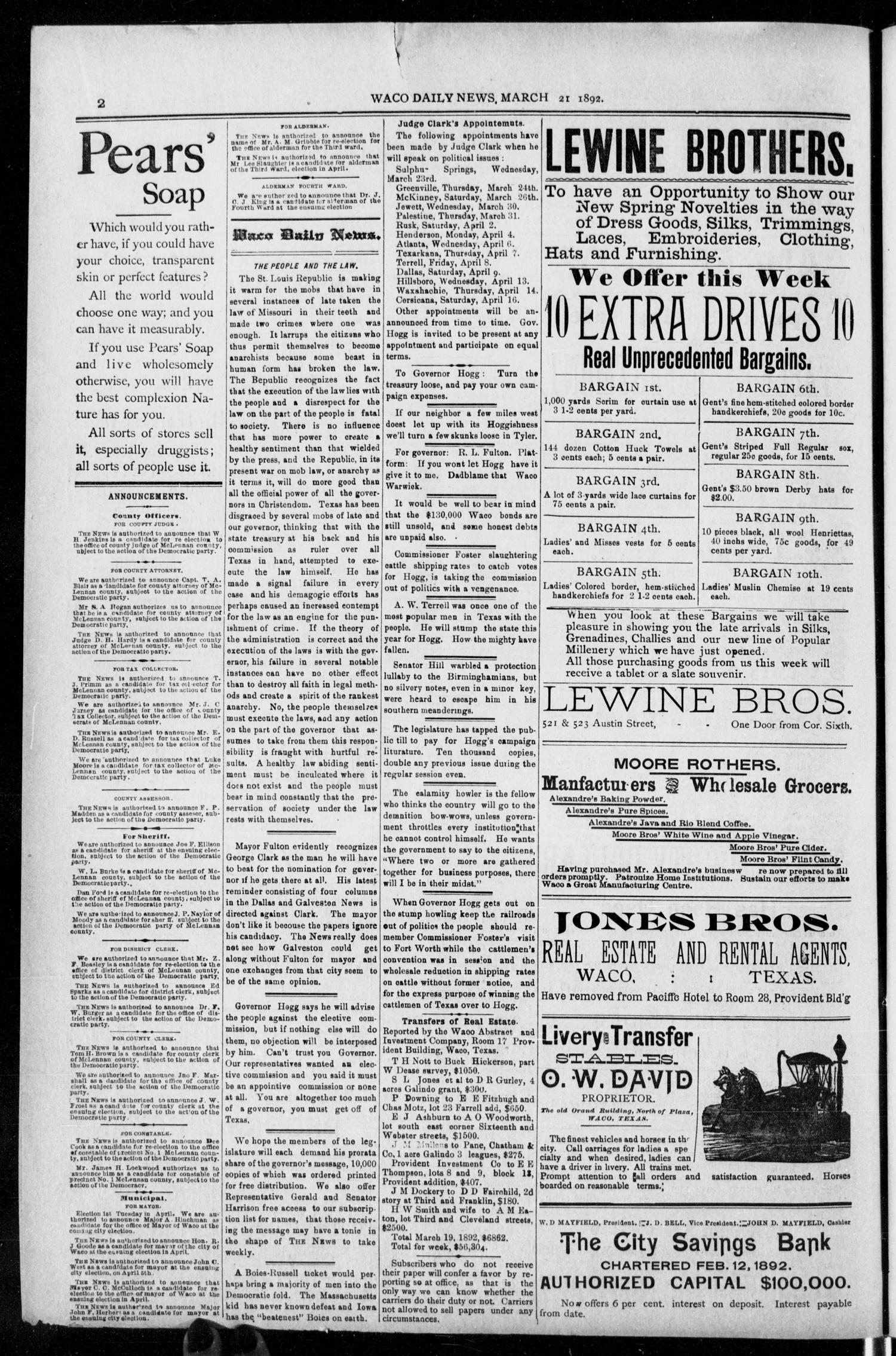 The Waco Evening News. (Waco, Tex.), Vol. 4, No. 215, Ed. 1, Monday, March 21, 1892
                                                
                                                    [Sequence #]: 2 of 8
                                                