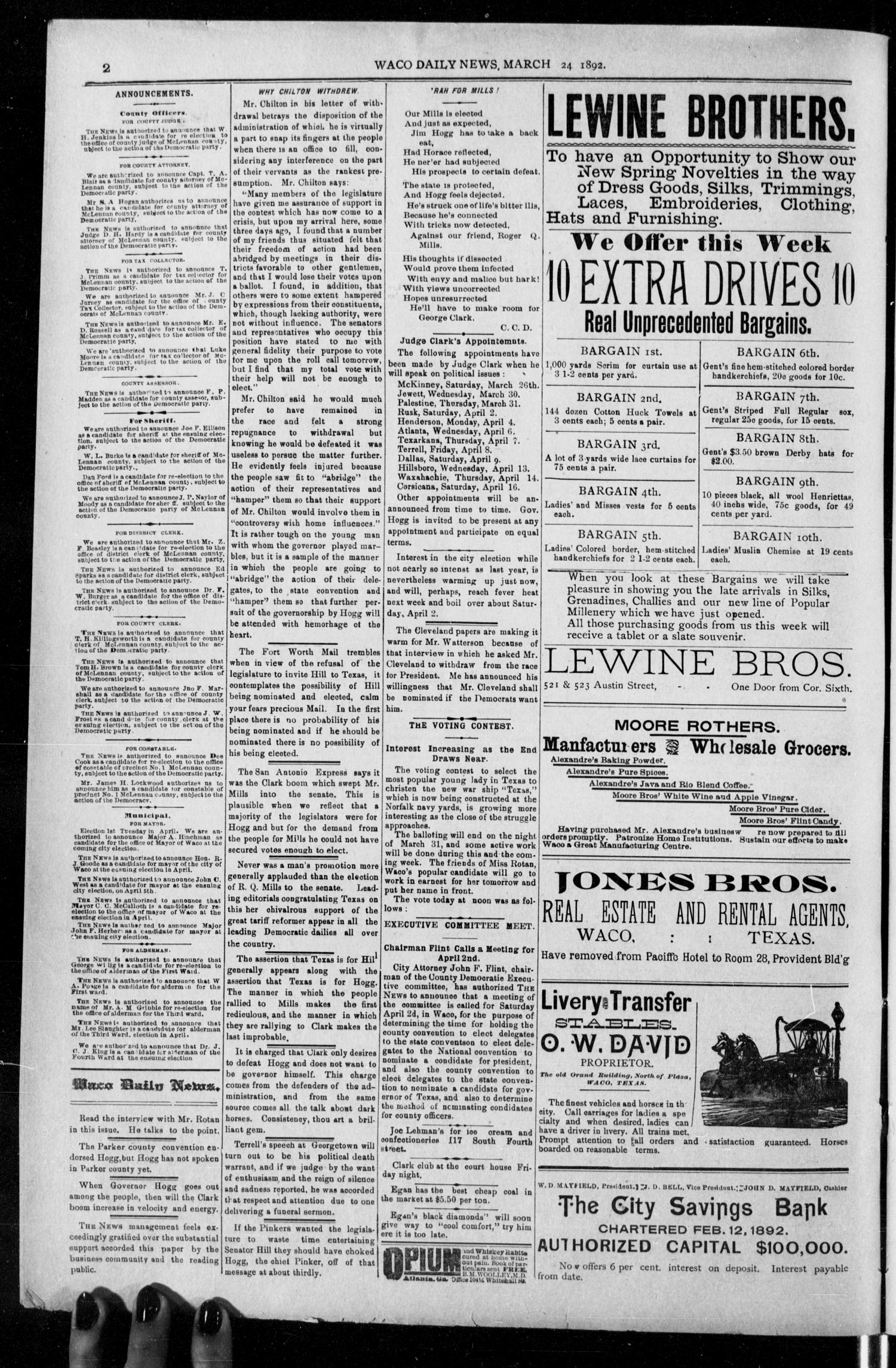 The Waco Evening News. (Waco, Tex.), Vol. 4, No. 218, Ed. 1, Thursday, March 24, 1892
                                                
                                                    [Sequence #]: 2 of 8
                                                