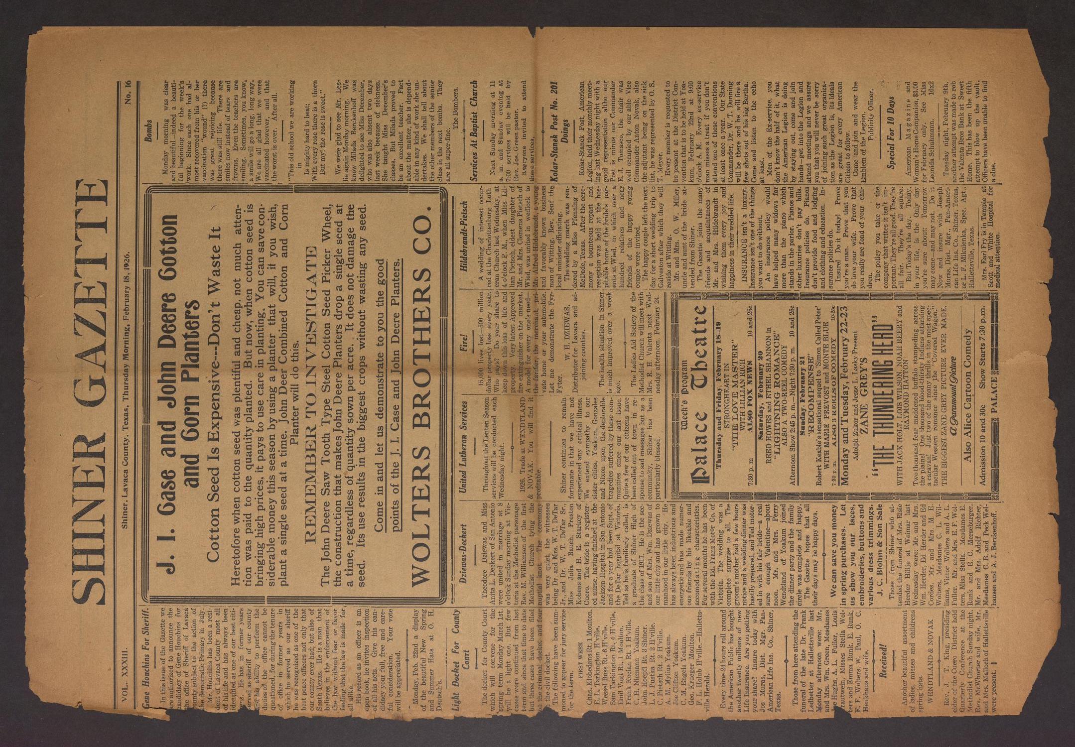 Shiner Gazette (Shiner, Tex.), Vol. 33, No. 16, Ed. 1 Thursday, February 18, 1926
                                                
                                                    [Sequence #]: 1 of 8
                                                