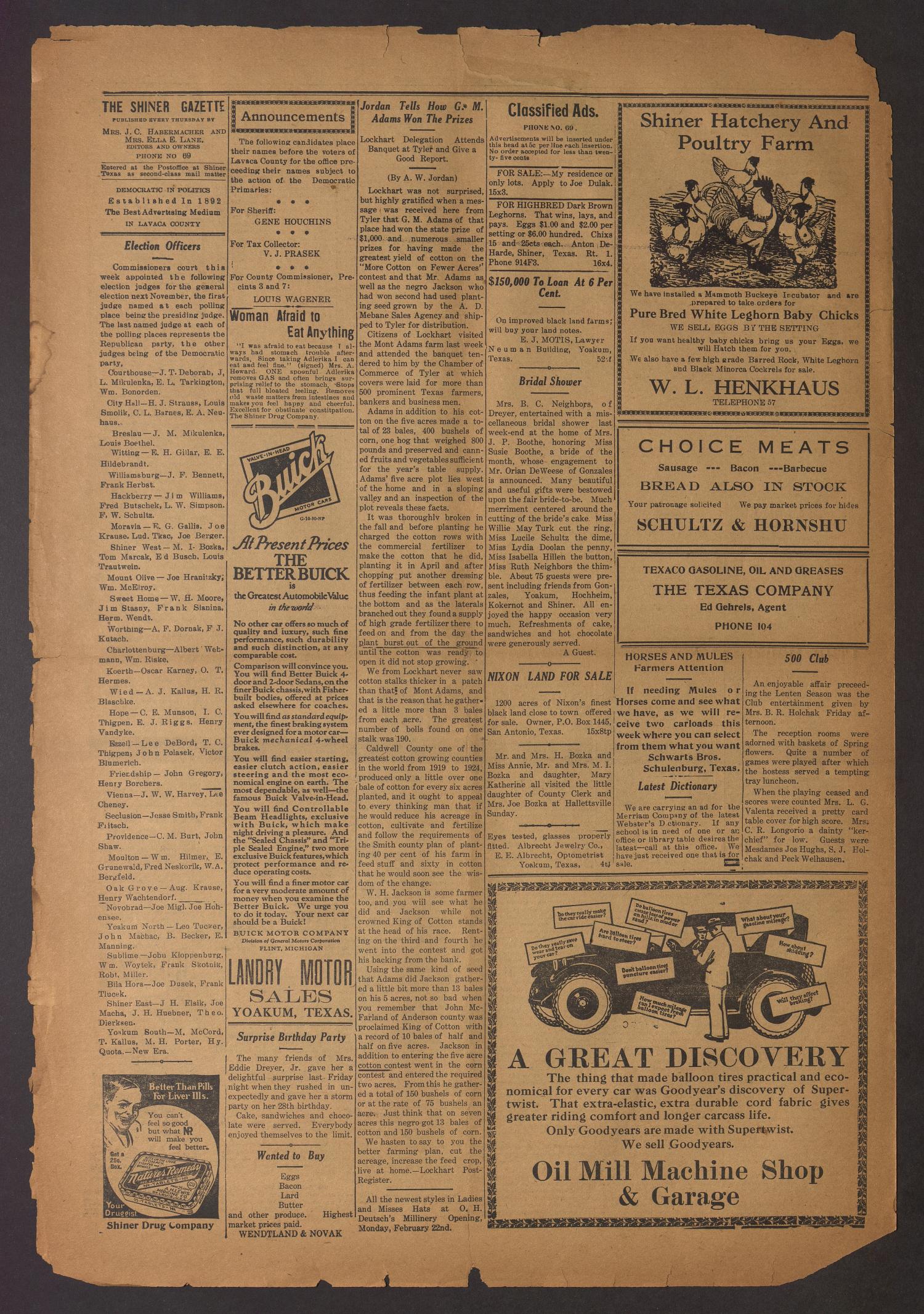 Shiner Gazette (Shiner, Tex.), Vol. 33, No. 16, Ed. 1 Thursday, February 18, 1926
                                                
                                                    [Sequence #]: 4 of 8
                                                