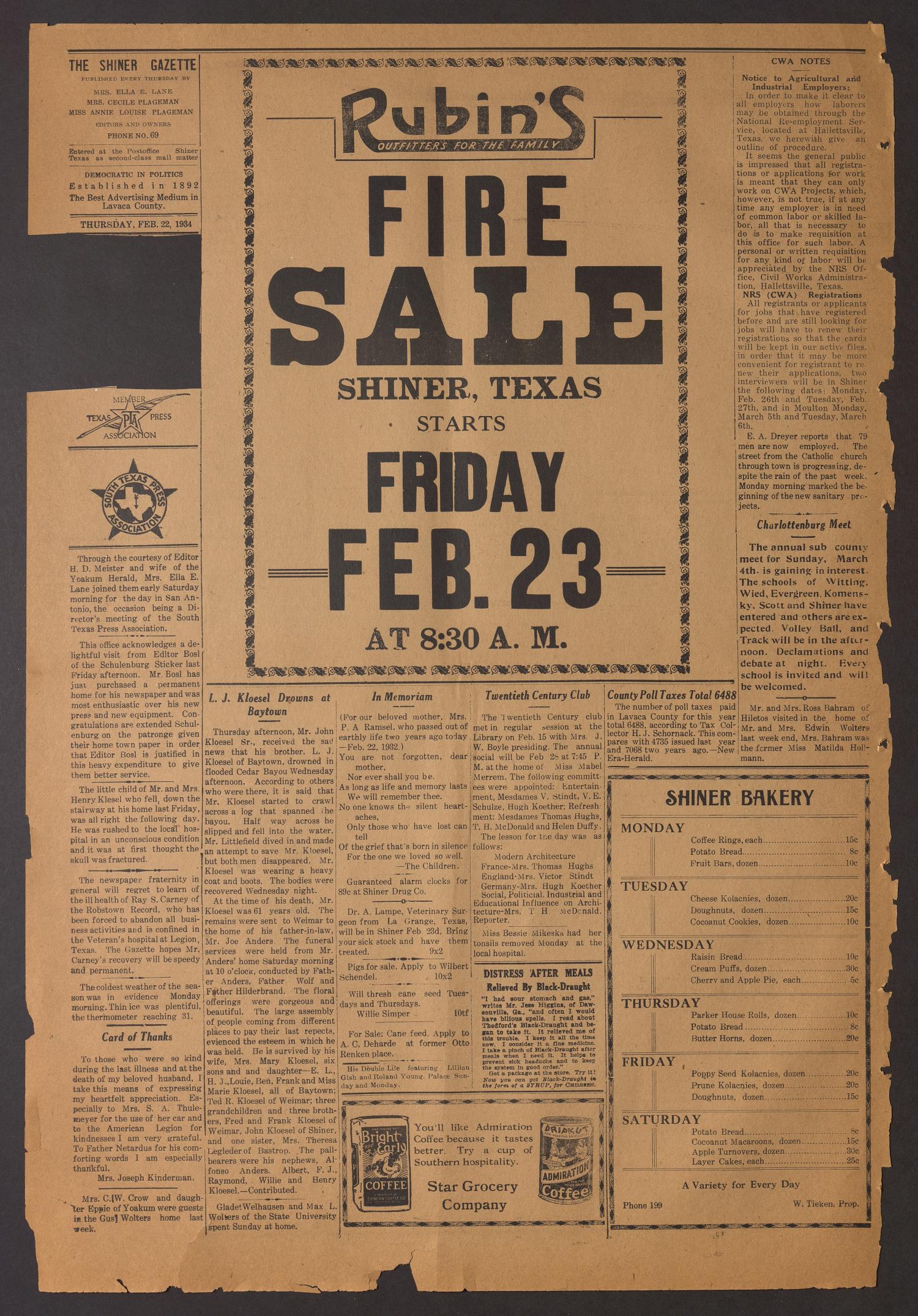 Shiner Gazette (Shiner, Tex.), Vol. 41, No. 10, Ed. 1 Thursday, February 22, 1934
                                                
                                                    [Sequence #]: 4 of 8
                                                