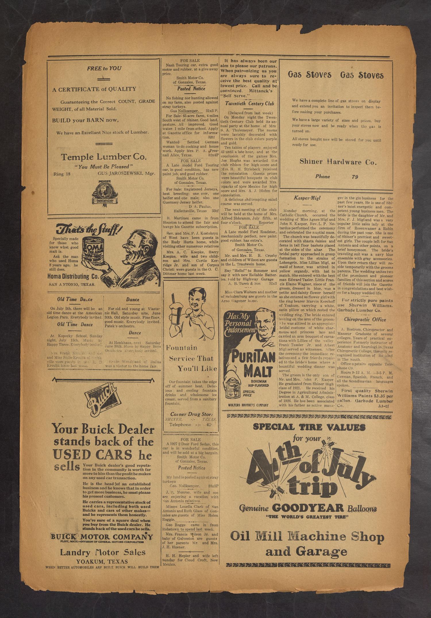 Shiner Gazette (Shiner, Tex.), Vol. 35, No. 33, Ed. 1 Thursday, June 28, 1928
                                                
                                                    [Sequence #]: 8 of 8
                                                