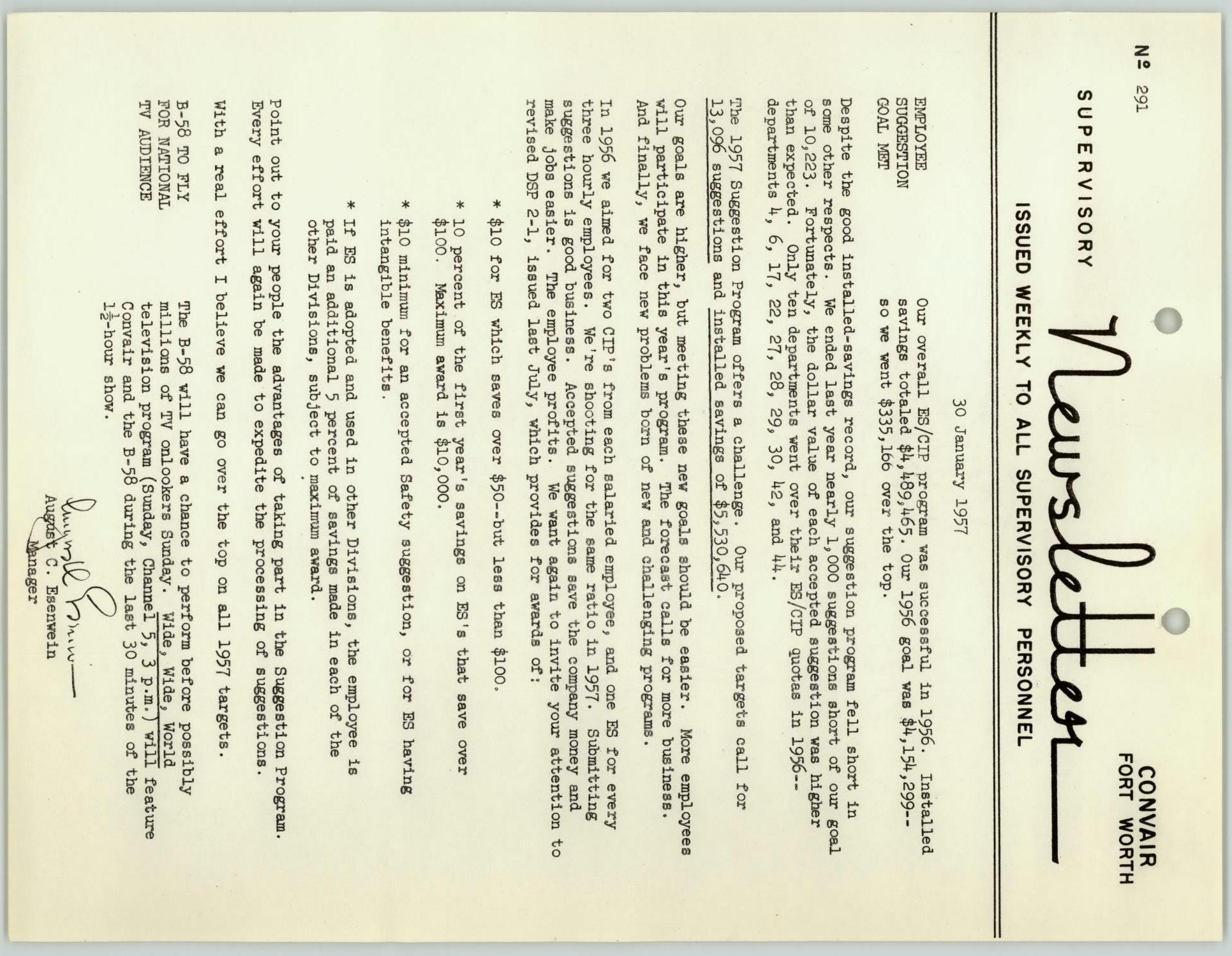 Convair Supervisory Newsletter, Number 291, January 30, 1957
                                                
                                                    [Sequence #]: 1 of 2
                                                