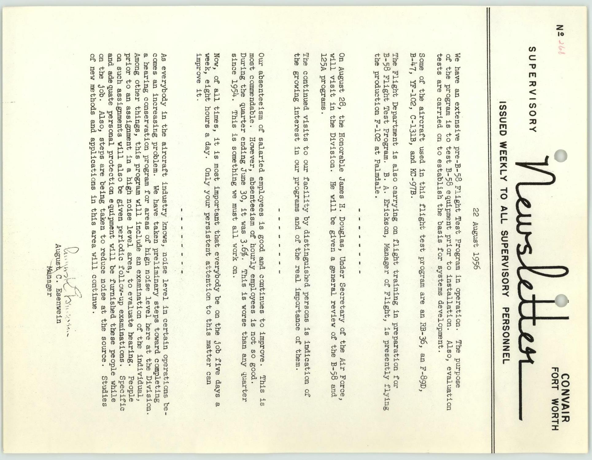 Convair Supervisory Newsletter, Number 268, August 22, 1956
                                                
                                                    [Sequence #]: 1 of 2
                                                