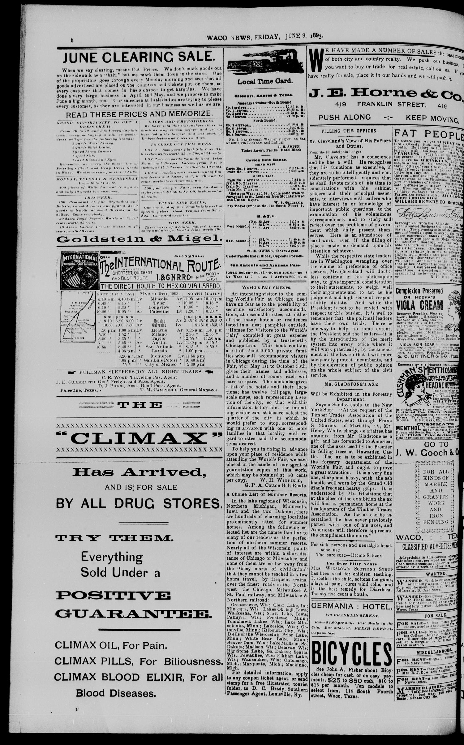 The Waco Evening News. (Waco, Tex.), Vol. 5, No. 280, Ed. 1, Friday, June 9, 1893
                                                
                                                    [Sequence #]: 8 of 8
                                                