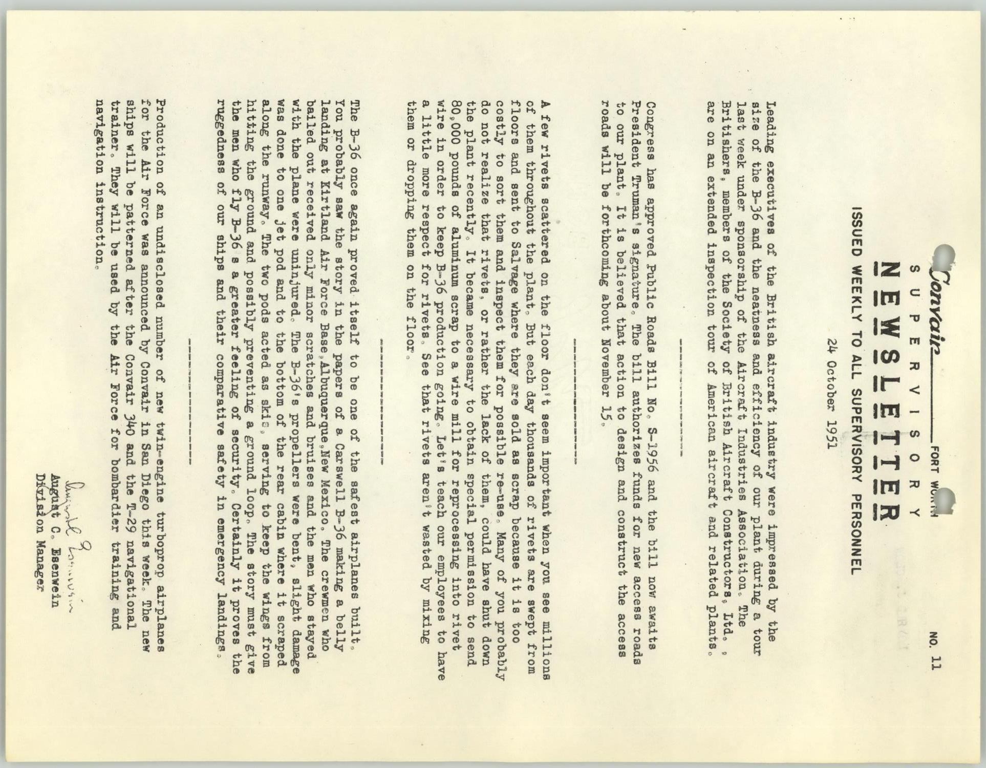 Convair Supervisory Newsletter, Number 11, October 24, 1951
                                                
                                                    [Sequence #]: 1 of 2
                                                