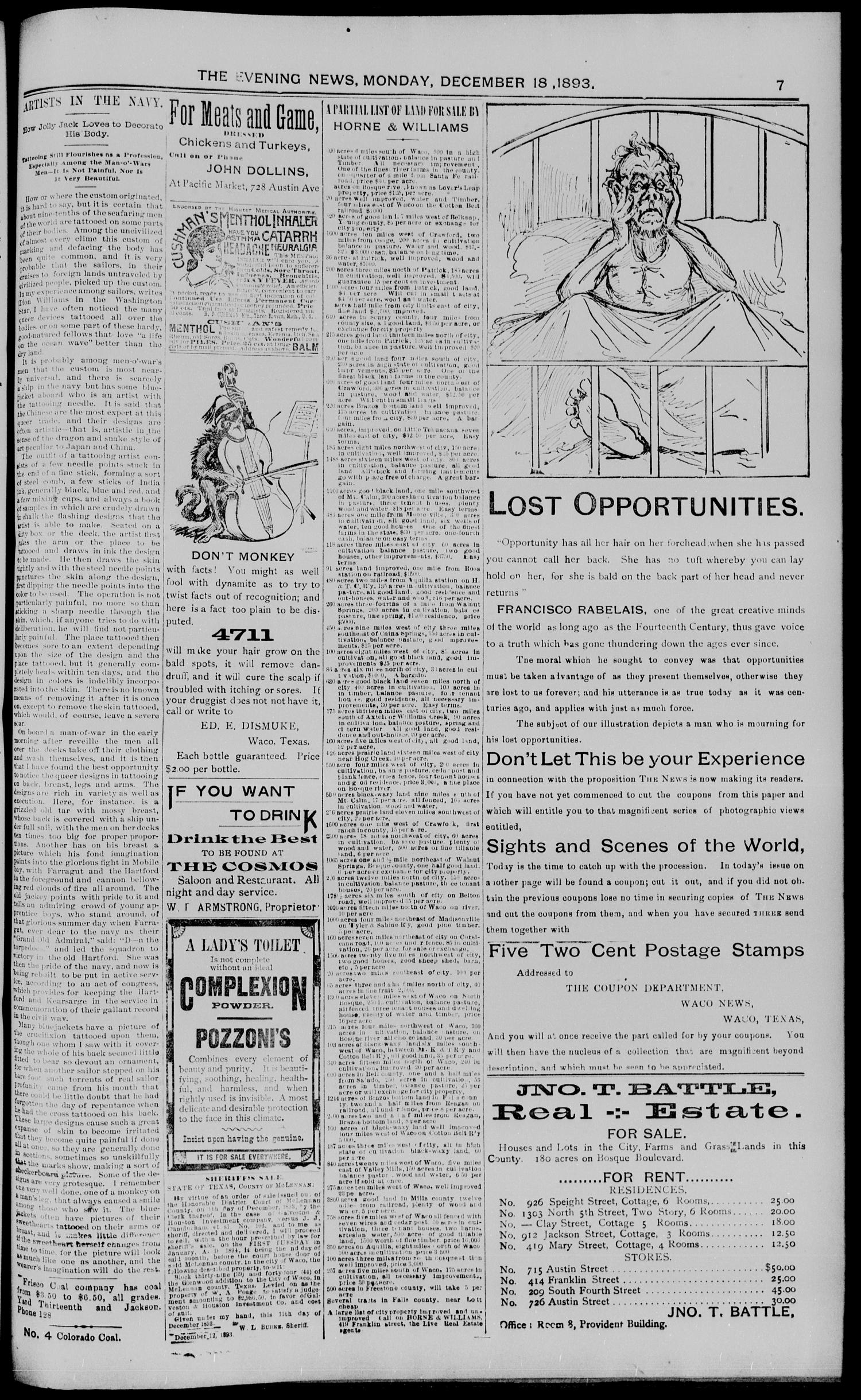 The Waco Evening News. (Waco, Tex.), Vol. 6, No. 132, Ed. 1, Monday, December 18, 1893
                                                
                                                    [Sequence #]: 7 of 8
                                                
