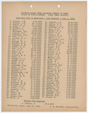 Primary view of object titled 'Missouri-Kansas-Texas Railroad Smithville District Seniority List: Engineers, July 1943'.