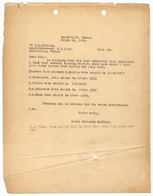 Primary view of object titled '[Letter from Brotherhood of Locomotive Firemen and Enginemen to D. C. Dobbins, March 24, 1934]'.