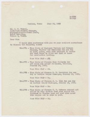 Primary view of object titled '[Letter from Brotherhood of Locomotive Firemen and Enginemen to A. F. Winkel, June 23, 1955]'.