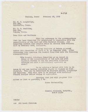 Primary view of object titled '[Letter from Brotherhood of Locomotive Firemen and Enginemen to F. P. Loughridge and T. C. Burlison, February 28, 1955]'.