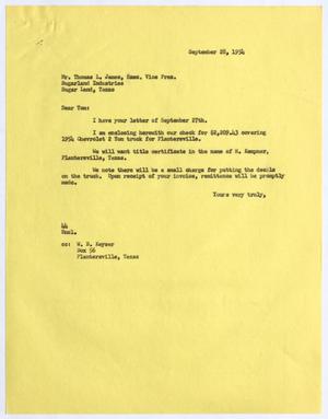 Primary view of object titled '[Letter from A. H. Blackshear Jr. to Thomas Leroy James, September 28, 1954]'.