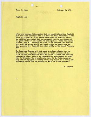 Primary view of object titled '[Letter from I. H. Kempner to Thomas L. James, February 5, 1954]'.