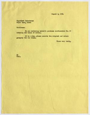 Primary view of object titled '[Letter from A. H. Blackshear, Jr. to Sugarland Industry, August 3, 1954]'.
