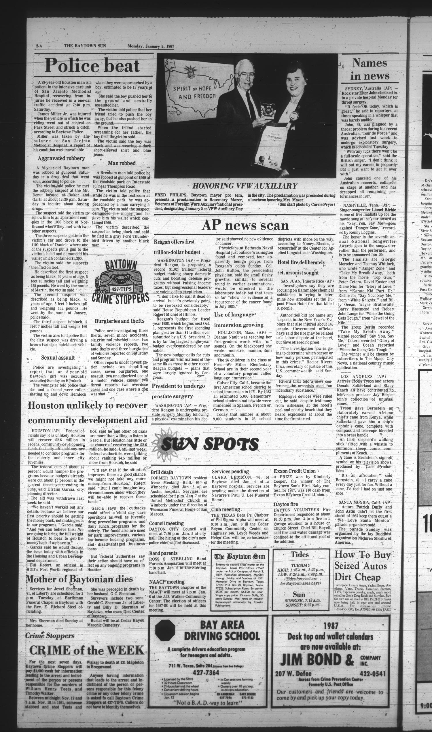 The Baytown Sun (Baytown, Tex.), Vol. 65, No. 55, Ed. 1 Monday, January 5, 1987
                                                
                                                    [Sequence #]: 2 of 12
                                                