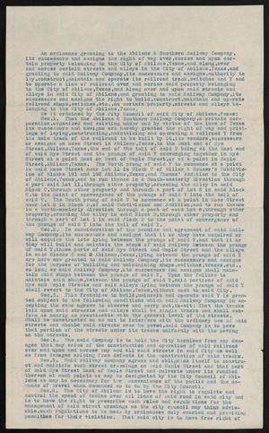 Primary view of object titled '[Fragment of City of Abilene Ordinance Granting Abilene & Southern Railway Company Right of Way in Abilene, Texas]'.