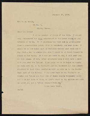 Primary view of object titled '[Letter from Henry Sayles to T. A. Irvin, January 27, 1912]'.