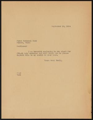 Primary view of object titled '[Letter from P. S. to First National Bank, September 10, 1934]'.