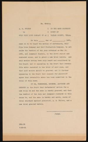 Primary view of object titled '[Cause No. 6080-A: Order Granting Plaintiff's Motion for New Trial]'.