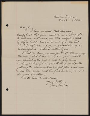 Primary view of object titled '[Letter from Perry Sayles to John Sayles, October 19, 1910]'.