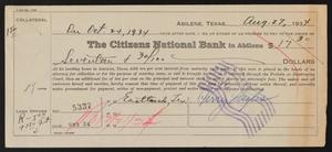 Primary view of object titled '[Promissory Note From Perry Sayles to the Citizens National Bank, August 27, 1934]'.