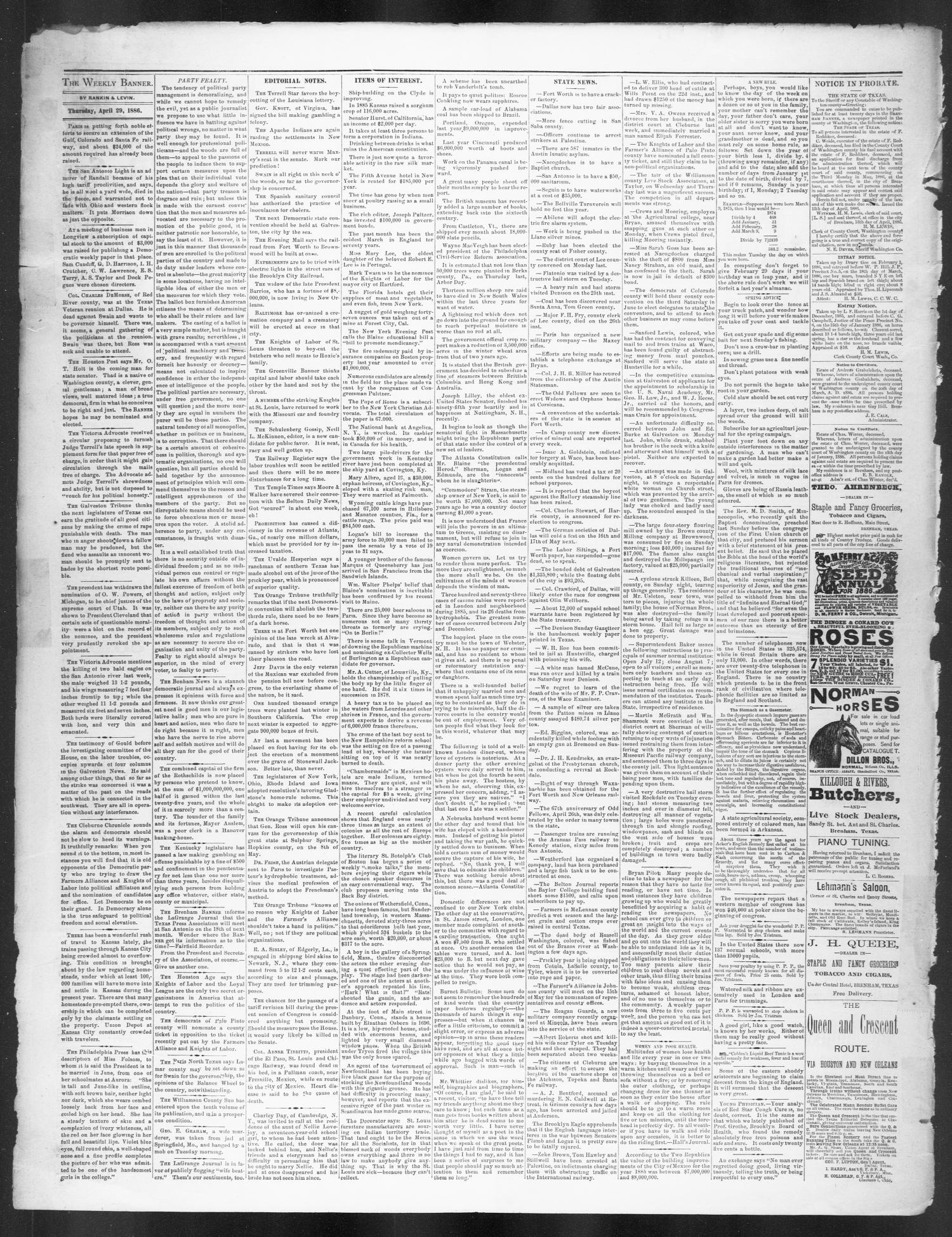Brenham Weekly Banner. (Brenham, Tex.), Vol. 21, No. 16, Ed. 1, Thursday, April 29, 1886
                                                
                                                    [Sequence #]: 2 of 4
                                                