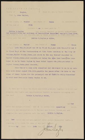 Primary view of object titled '[Warranty Deed From John Sayles to Hattie M. Sayles]'.