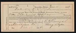 Primary view of object titled '[Promissory Note From R. H. Reaves and Perry Sayles to The City National Bank, January 11, 1919]'.