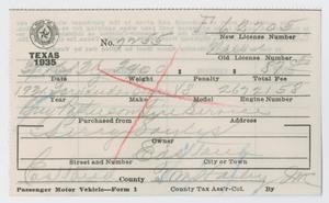 Primary view of object titled '[Vehicle Registration Certificate, 1935]'.