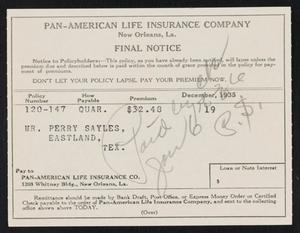 Primary view of object titled '[Final Notice from Pan-American Life Insurance Company to Perry Sayles, December 1935]'.