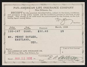 Primary view of object titled '[Receipt for Payment to the Pan-American Life Insurance Company, March 18, 1935]'.