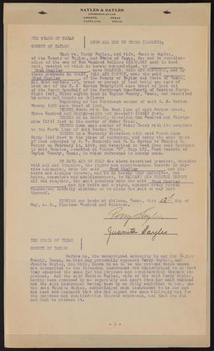Primary view of object titled '[Sale of Land, Perry Sayles and Juanita Sayles to Fred Mueller]'.