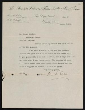 Primary view of object titled '[Letter from Alexander S. Coke to Henry Sayles, March 8,1913]'.